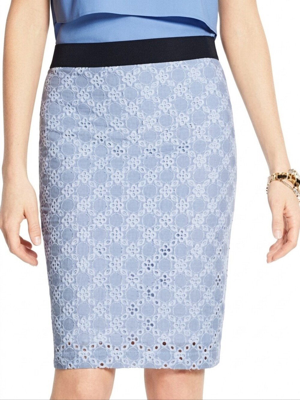 Ann Taylor Eyelet Pencil Skirt Cotton Floral Striped Spring Summer Blue Size 6
